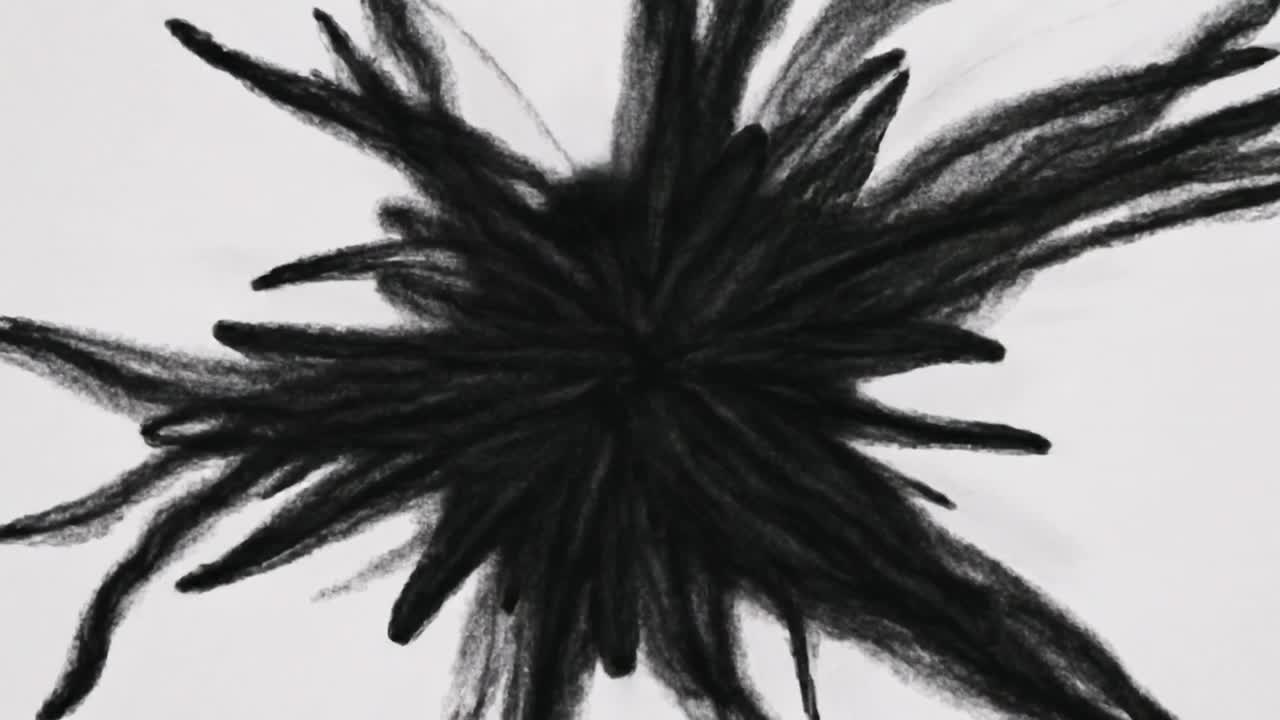 Un piccolo segno verticale che inizia tratti di carboncino che si allargano a ventaglio, con una macchia radiale che si scurisce per mostrare la diffusione.