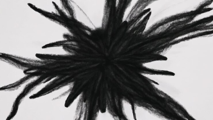 Un piccolo segno verticale che inizia tratti di carboncino che si allargano a ventaglio, con una macchia radiale che si scurisce per mostrare la diffusione.