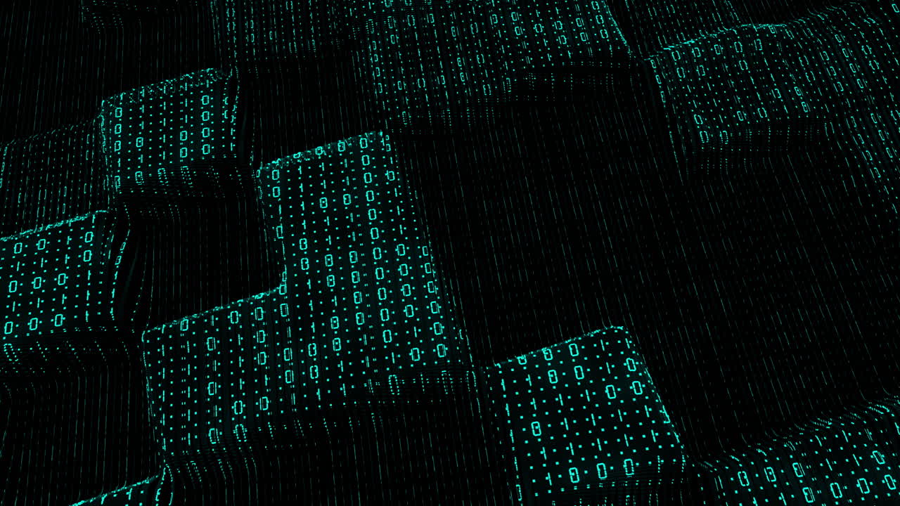 Data grid abstract 3D background. Binary code structure. Futuristic dots particles and lines pattern. Technology loop background. Data visualization.
