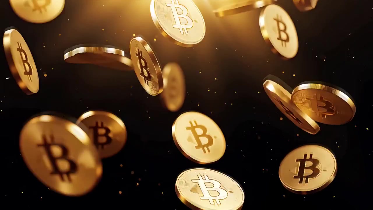 Bitcoin in rotazione su sfondo nero drammatico 4k