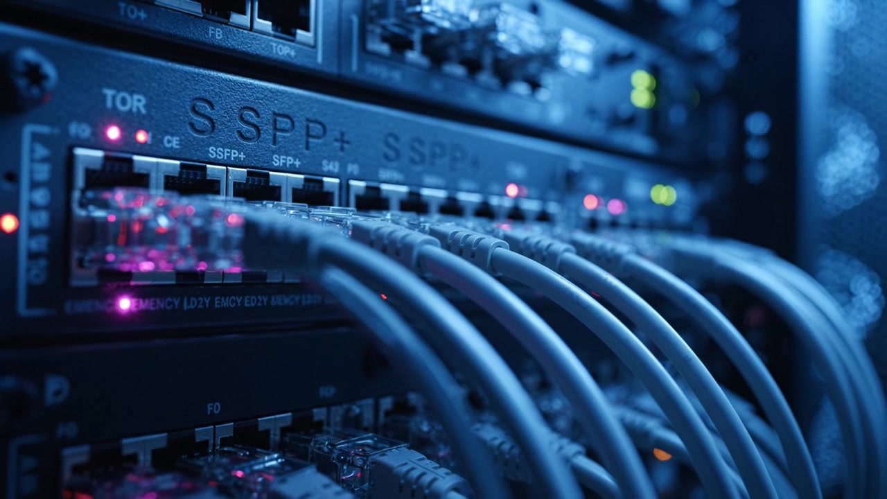 Close-Up of Network Server Components Featuring Connected Ethernet Cables and Illuminated Ports in a Dark Environment with Enhanced Digital Lighting