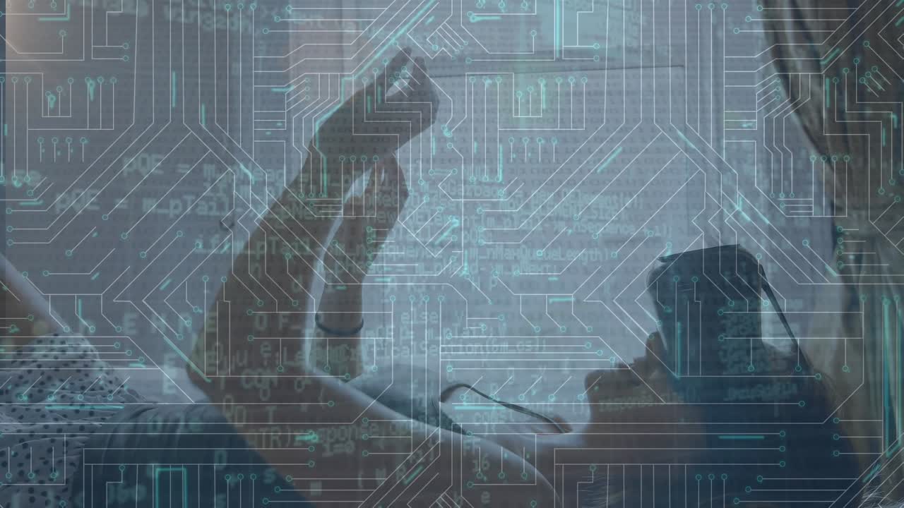 Animation of data processing over digital brain and computer embracing