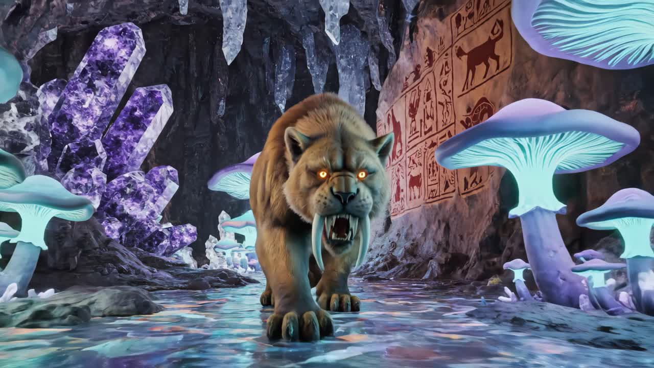 Saber-Toothed Tiger in a Fantasy Cave
