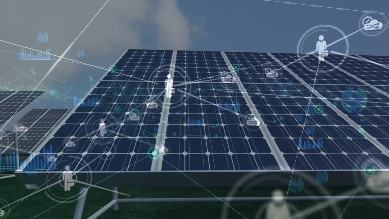 Animation of network of digital icons and data processing over solar panels and spinning windmills