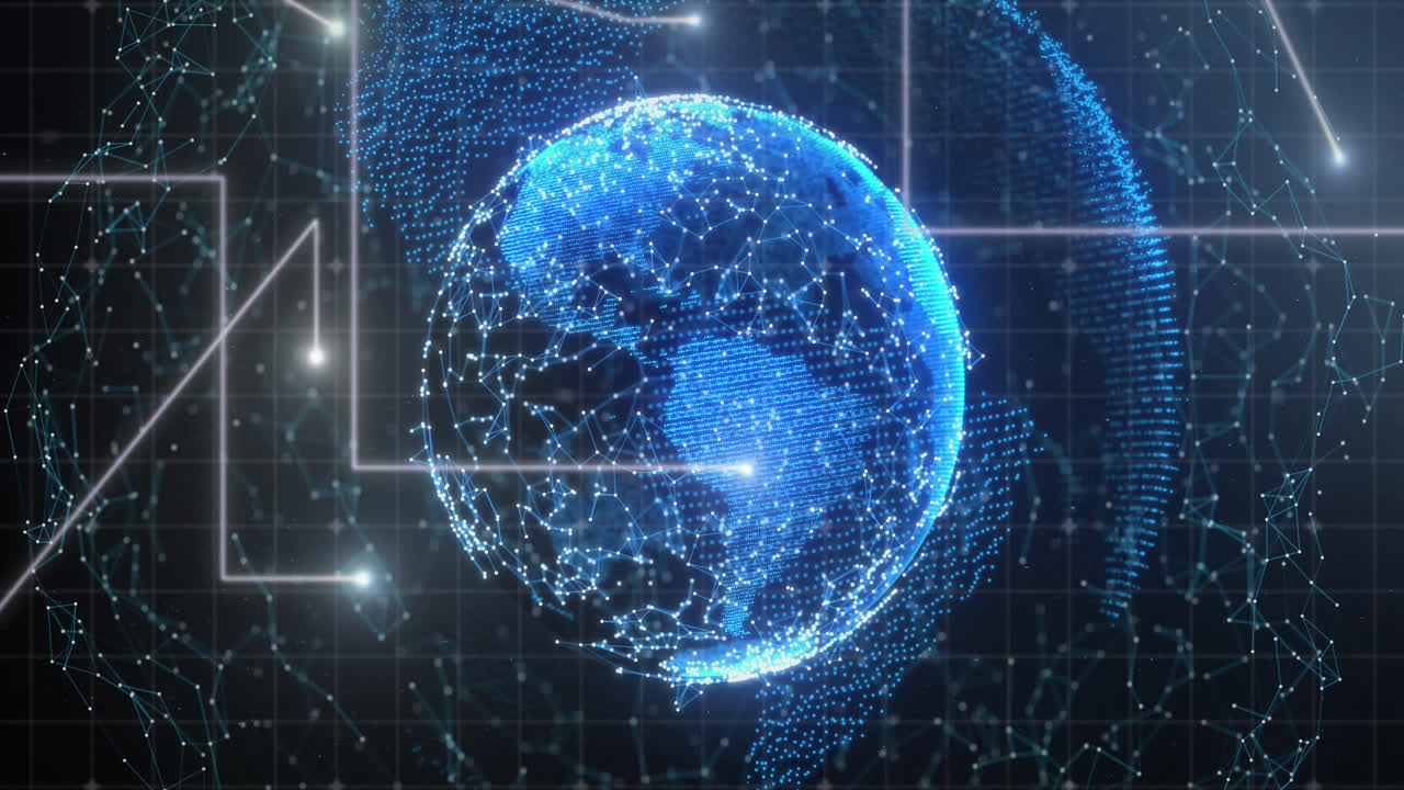 연결 네트워크와 검은 바탕에 회전하는 지구에 대한 여러 빛의 흔적