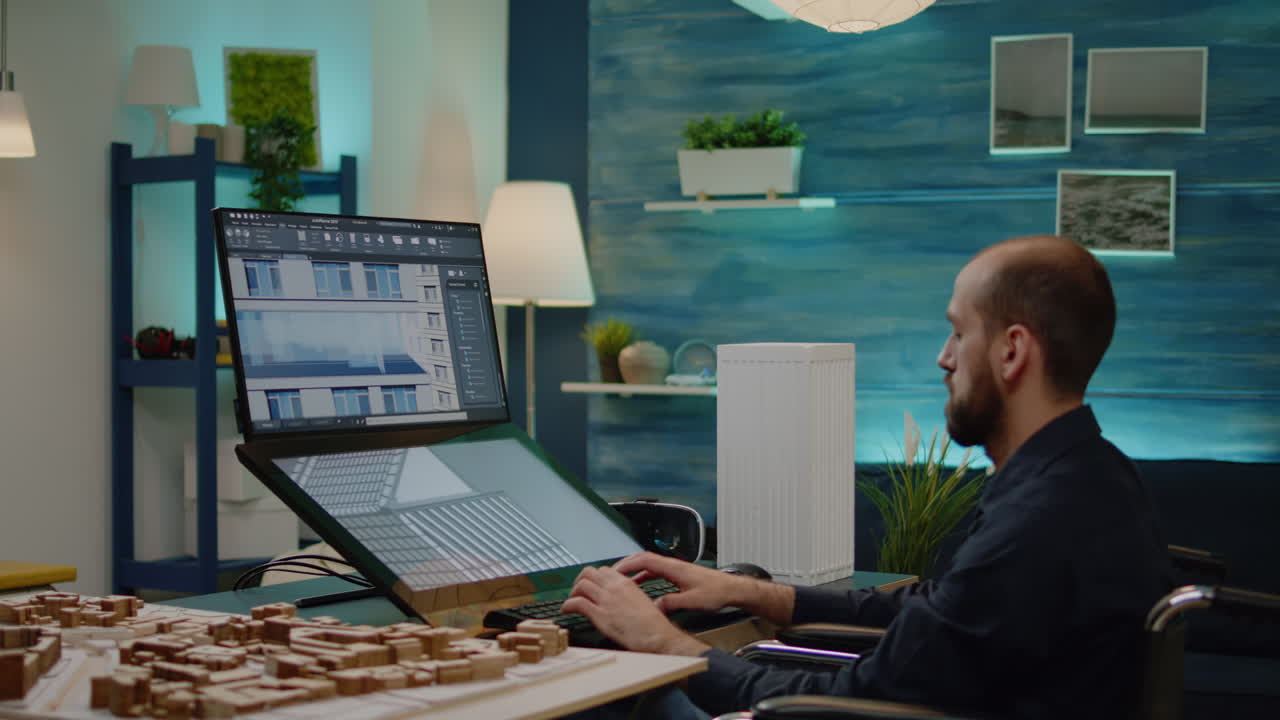 Disabled man working as architect with building model