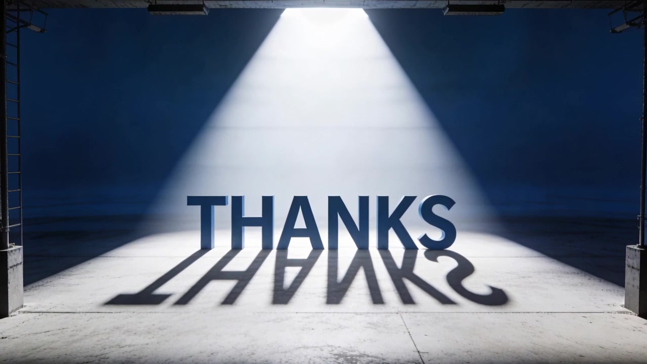 Lettere "THANKS" illuminate in un'area di garage sotto un faretto mobile, proiettando un'ombra sul pavimento, con pilastri e una scala