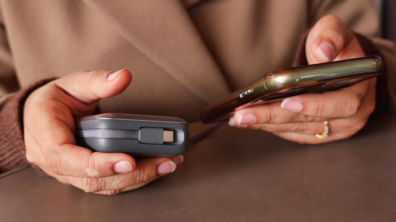 Person's Hands Holding a Power Bank and Smartphone