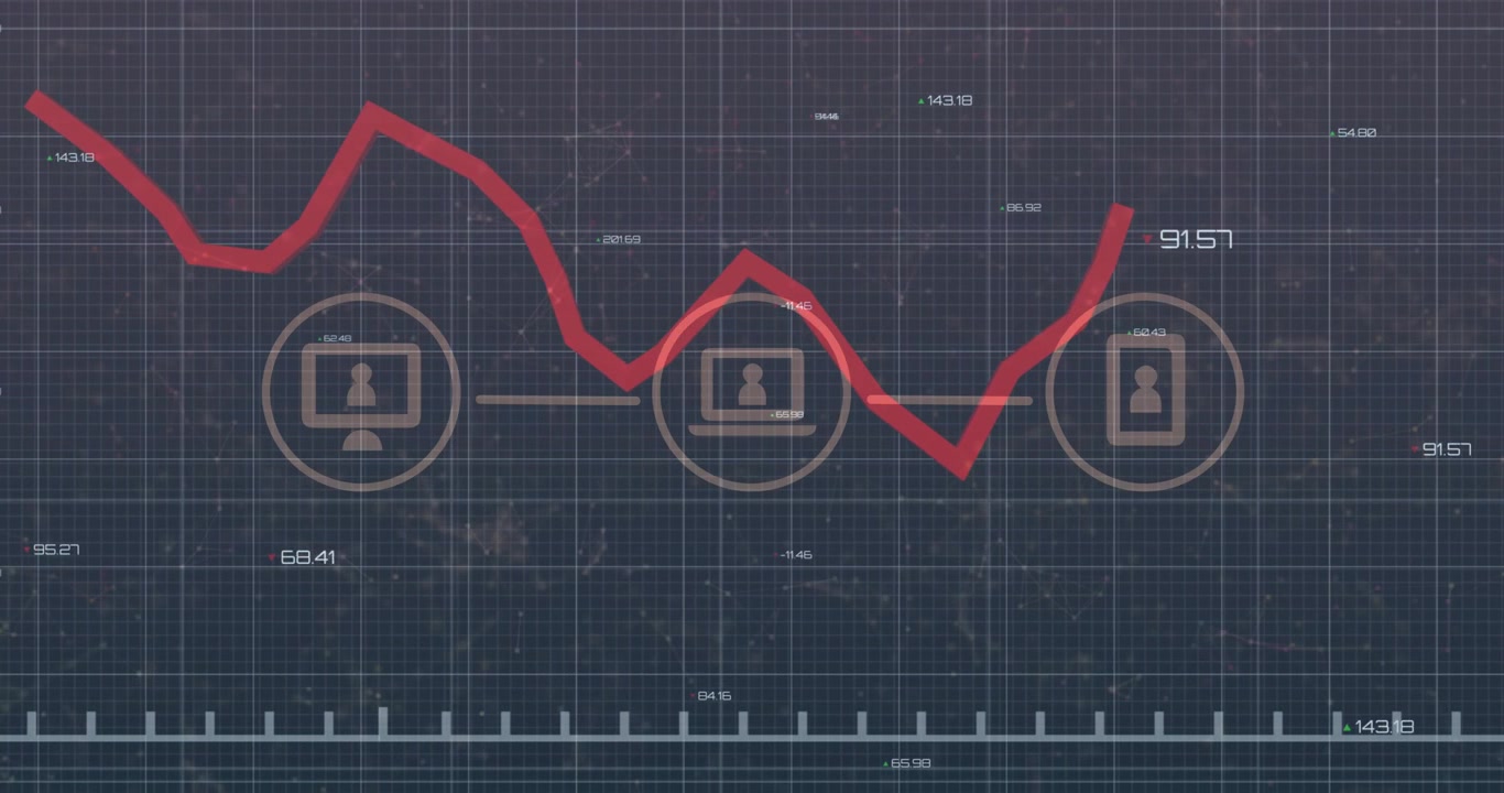 Red trace starting from left segment moving across grid, crossing devices and showing tech metrics