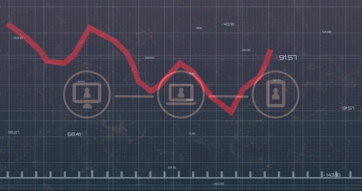 Red trace starting from left segment moving across grid, crossing devices and showing tech metrics