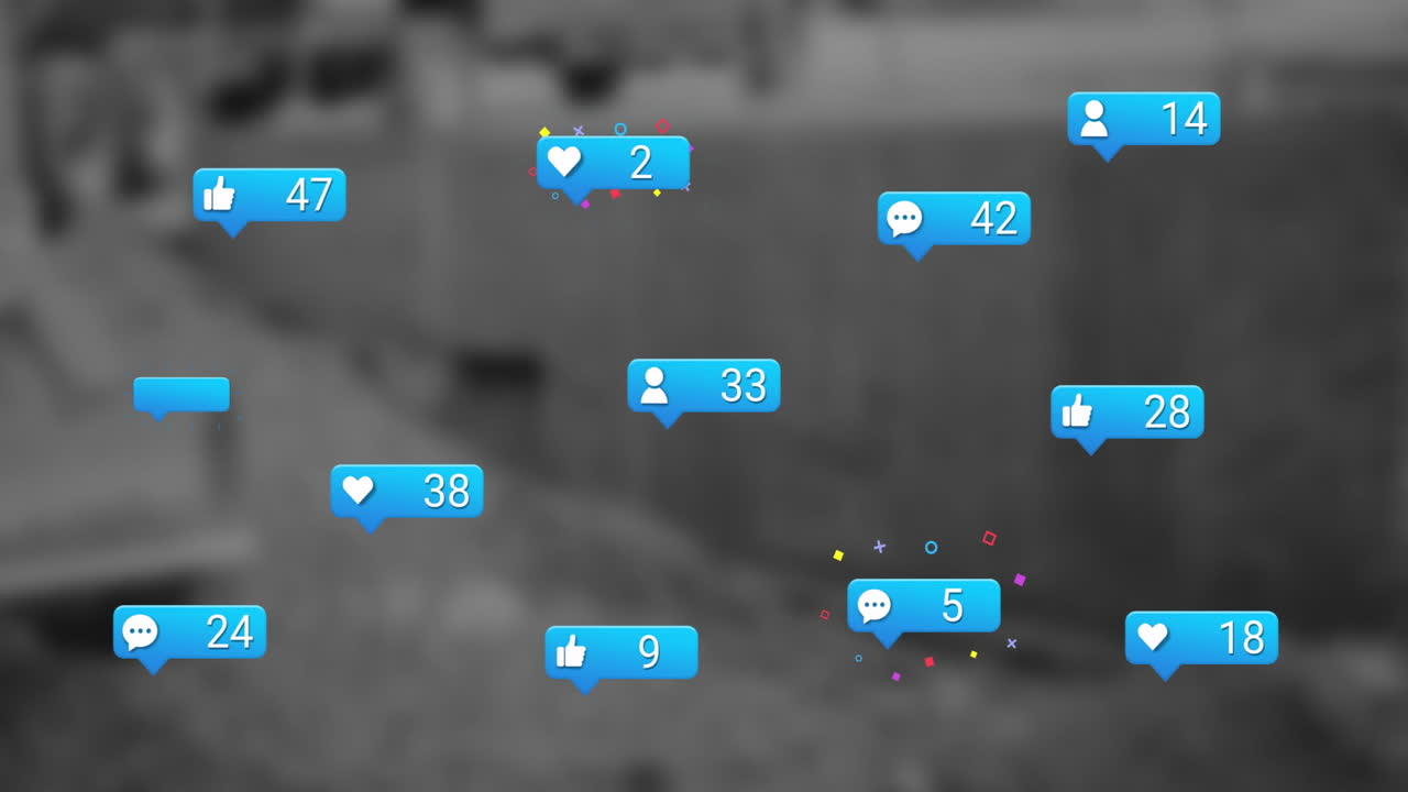 Floating blue social media notification badges drifting across blurred grass in flat design