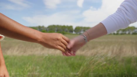 Slow motion shot of 2 women shaking hands creating a deal in a rural scene
