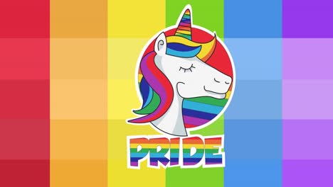 Animation-of-pride-text-with-unicorn-over-rainbow-stripes