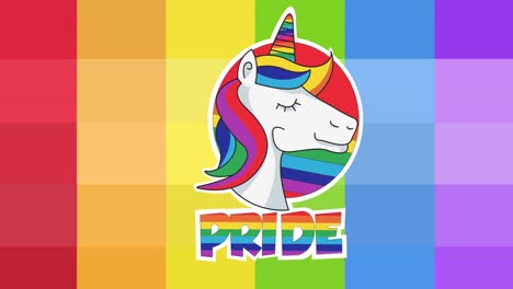 animation of pride text with unicorn over rainbow stripes