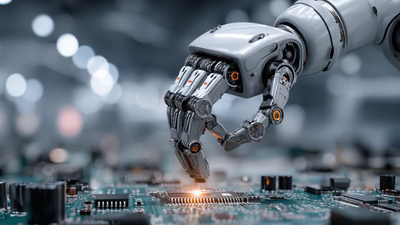 A Highly Detailed Robotic Hand Engaging with a Circuit Board, Showcasing Advanced Technology in Automation and Robotics Applications