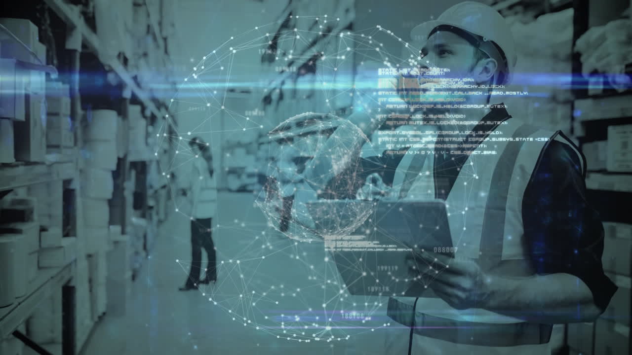 composición de almacén del hombre en el almacén mirando las estanterías combinadas con animación