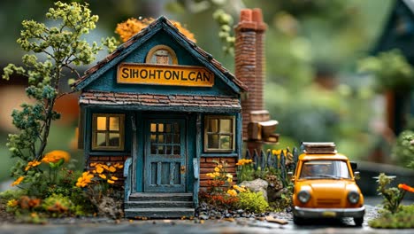 charming miniature house with vibrant flowers and classic car in garden