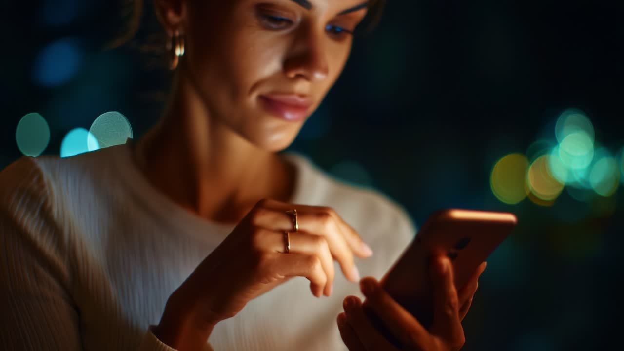 Cativada pela luz digital: close-up de uma mulher absorta em seu smartphone em meio a um plano de fundo noturno de luzes bokeh coloridas e desfocadas