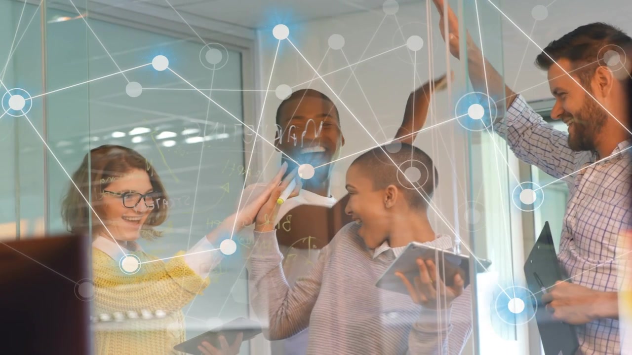 Business team glass, lead lifting marker sparking high-fives while network overlay across faces