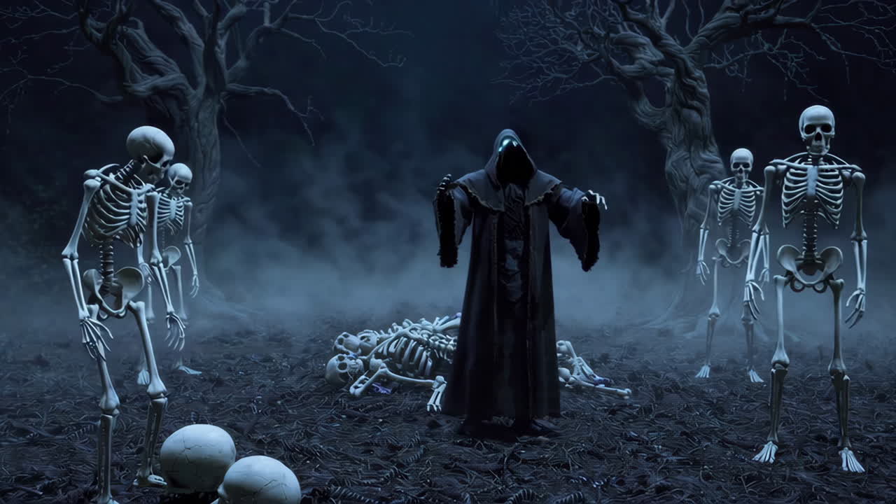 Dark Wizard and Skeletons in a Misty Forest