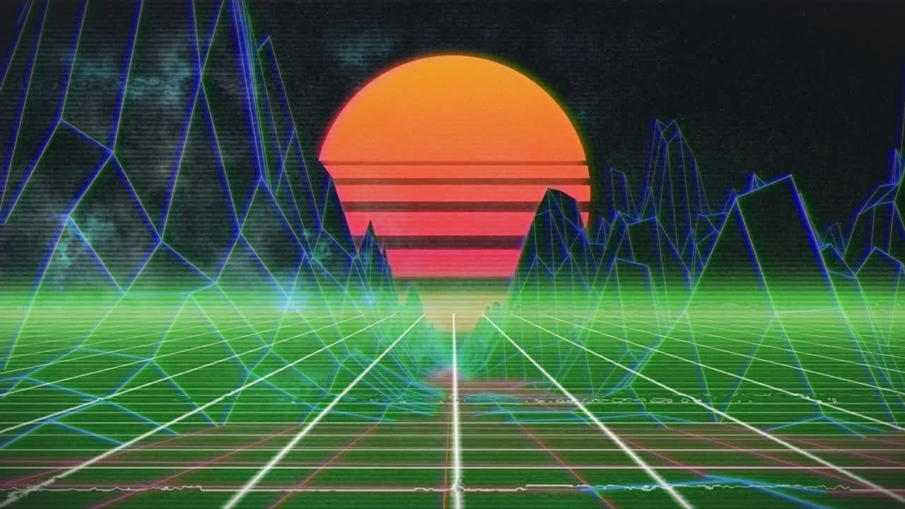 움직이는 다채로운 그리드 위에 다채로운 디지털 풍경의 애니메이션