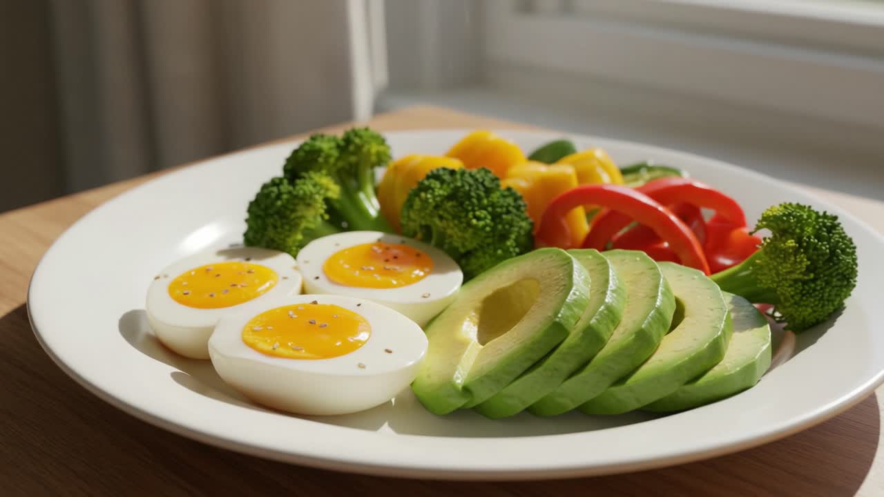 A Freshly Prepared Plate of Healthy Foods Featuring Sliced Avocado, Bright Vegetables, and Soft Boiled Eggs Ready for a Nutritious Meal