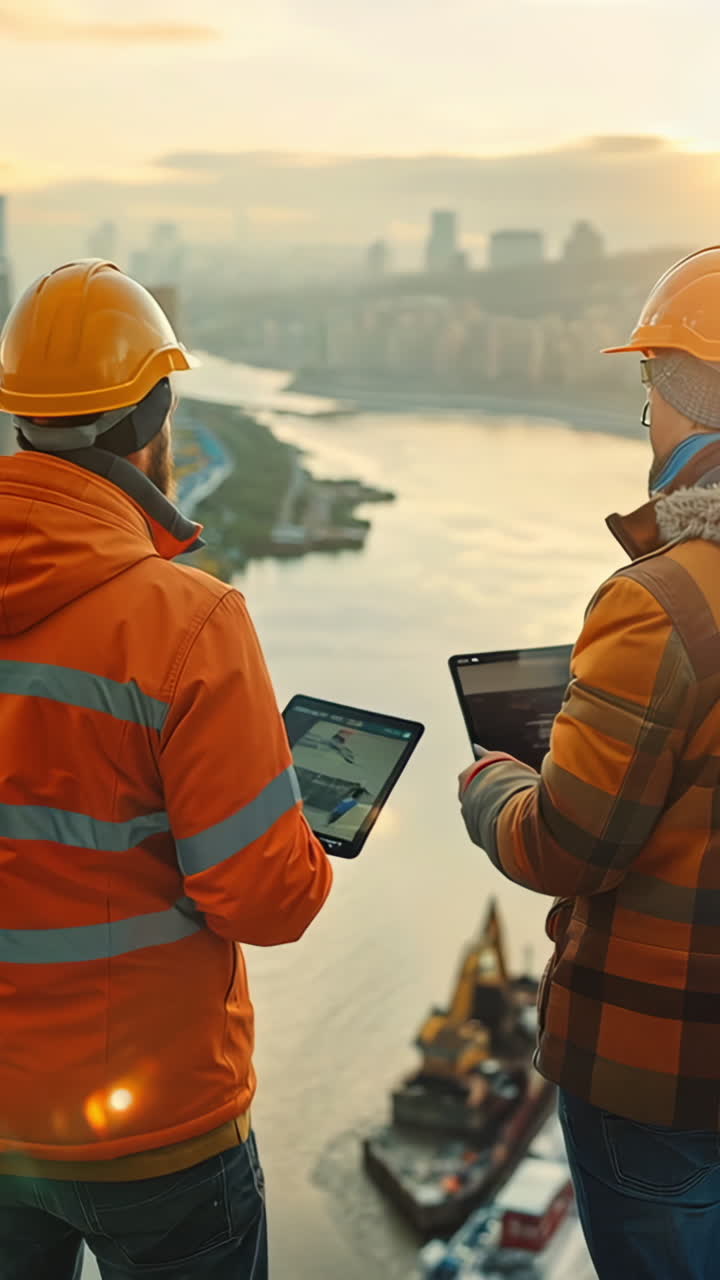 Construction Workers Overlooking River at Sunset in Urban Development Area. Two construction workers in safety gear observe a river and city skyline during sunset