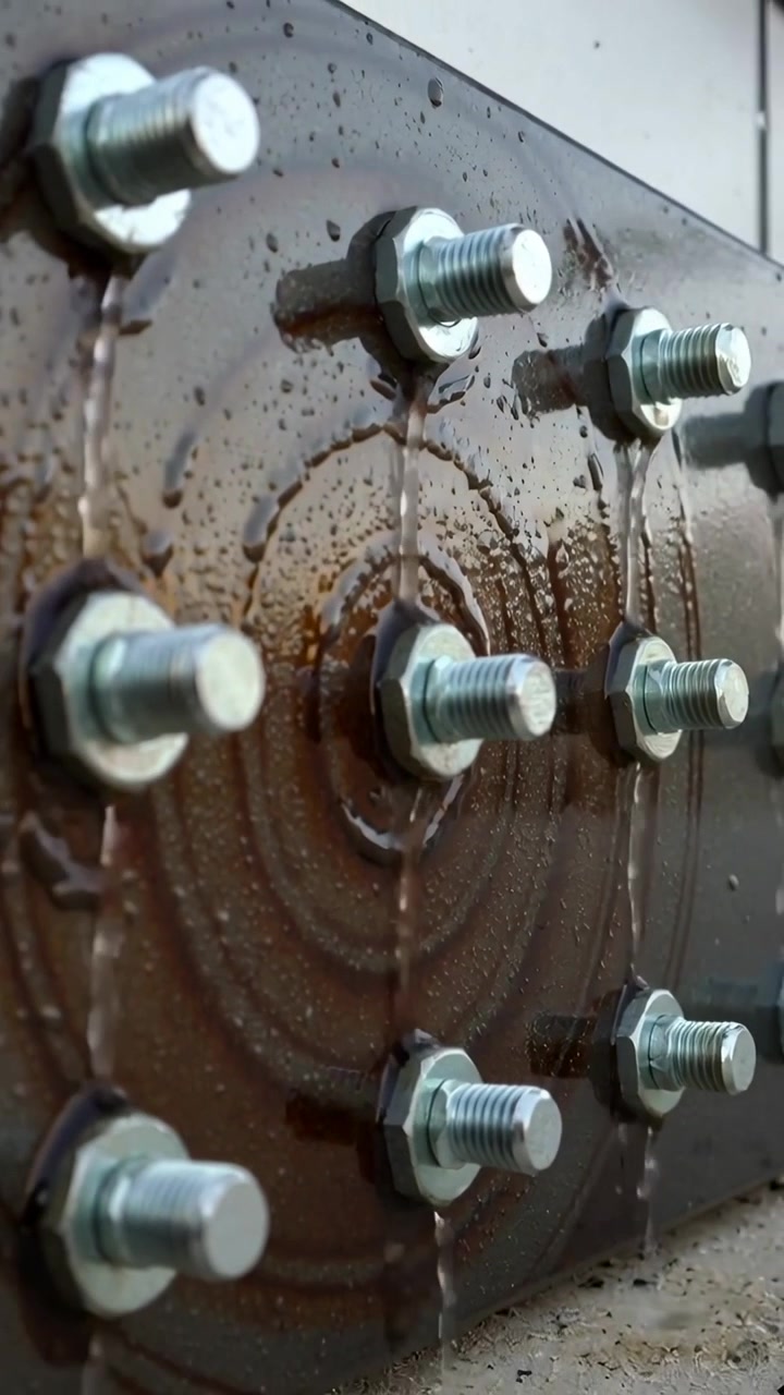 Video verticale: Mostrando un pannello metallico imbullonato, la gravità che trascina un liquido marrone formando rivoli in un negozio.