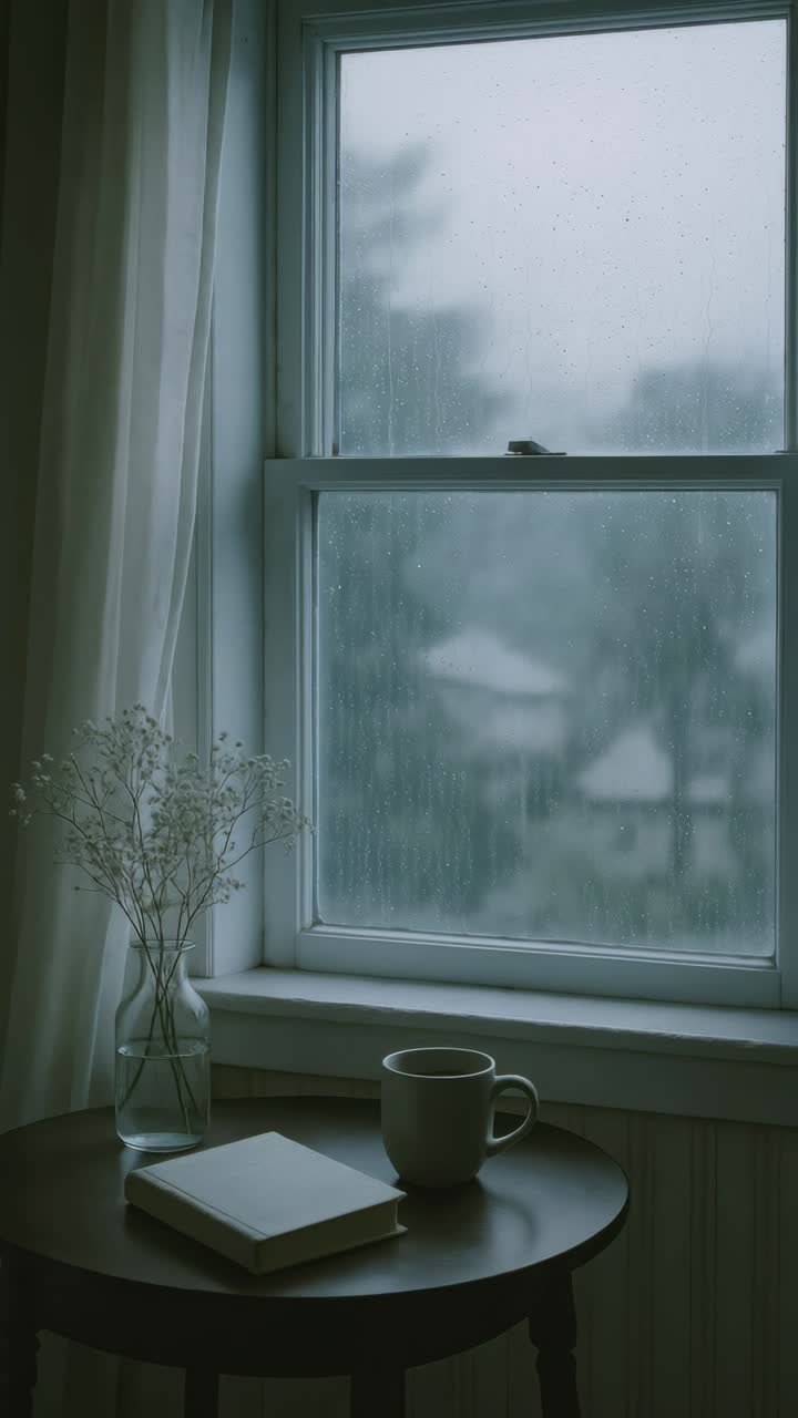 Moody video concept of a rainy day, captured from a side angle