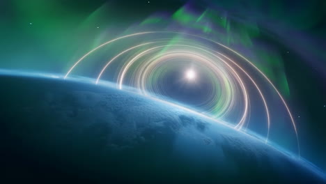 planet with rings and aurora in space