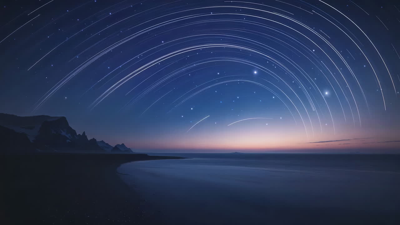 Star Trails Over a Night Landscape with Mountains and Water