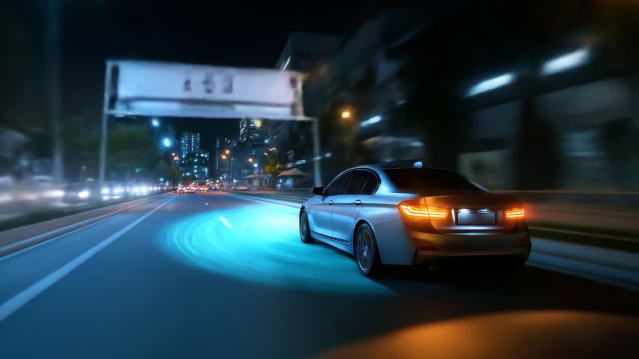 Guida notturna dinamica: un'elegante auto argentata sfreccia per le strade urbane, circondata da luci della città brillanti e motion blur, catturando il brivido della velocità