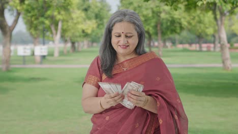 Happy-Indian-old-woman-counting-money-in-park