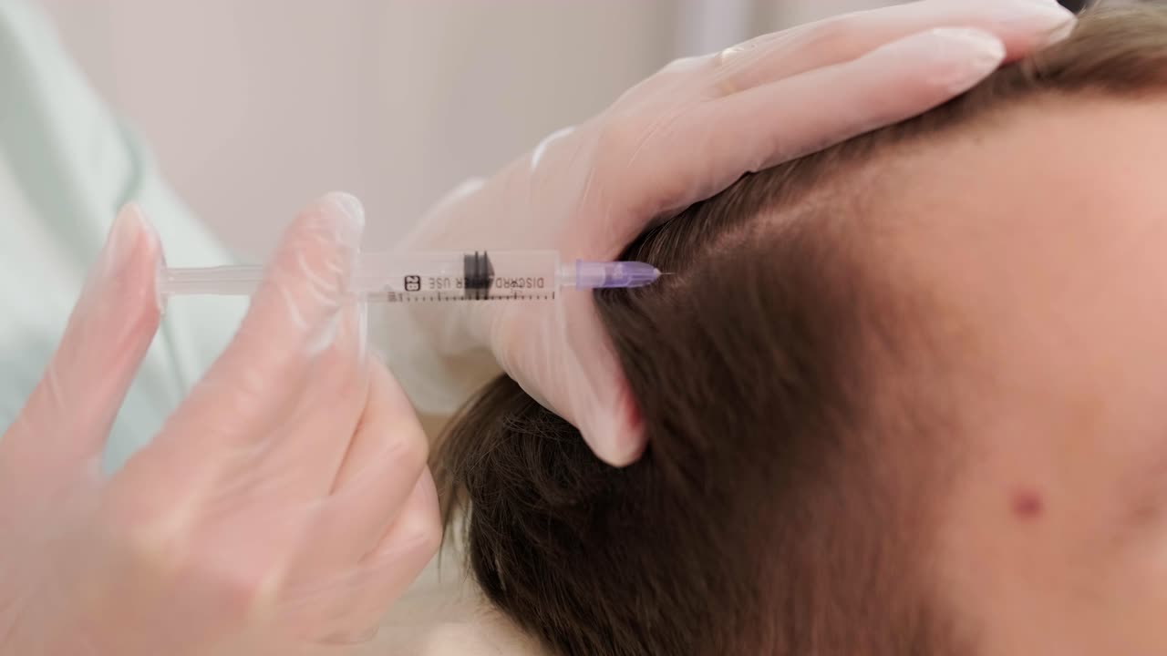 현대 화장품 클리닉에서 머리카락 mesotherapy 절차. trichologist는 머리카락 성장을 위해 남자의 머리카락에 주사를 만들고 탈모를 방지합니다.