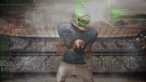 Animation-of-digital-screen-over-diverse-male-american-football-players-at-stadium