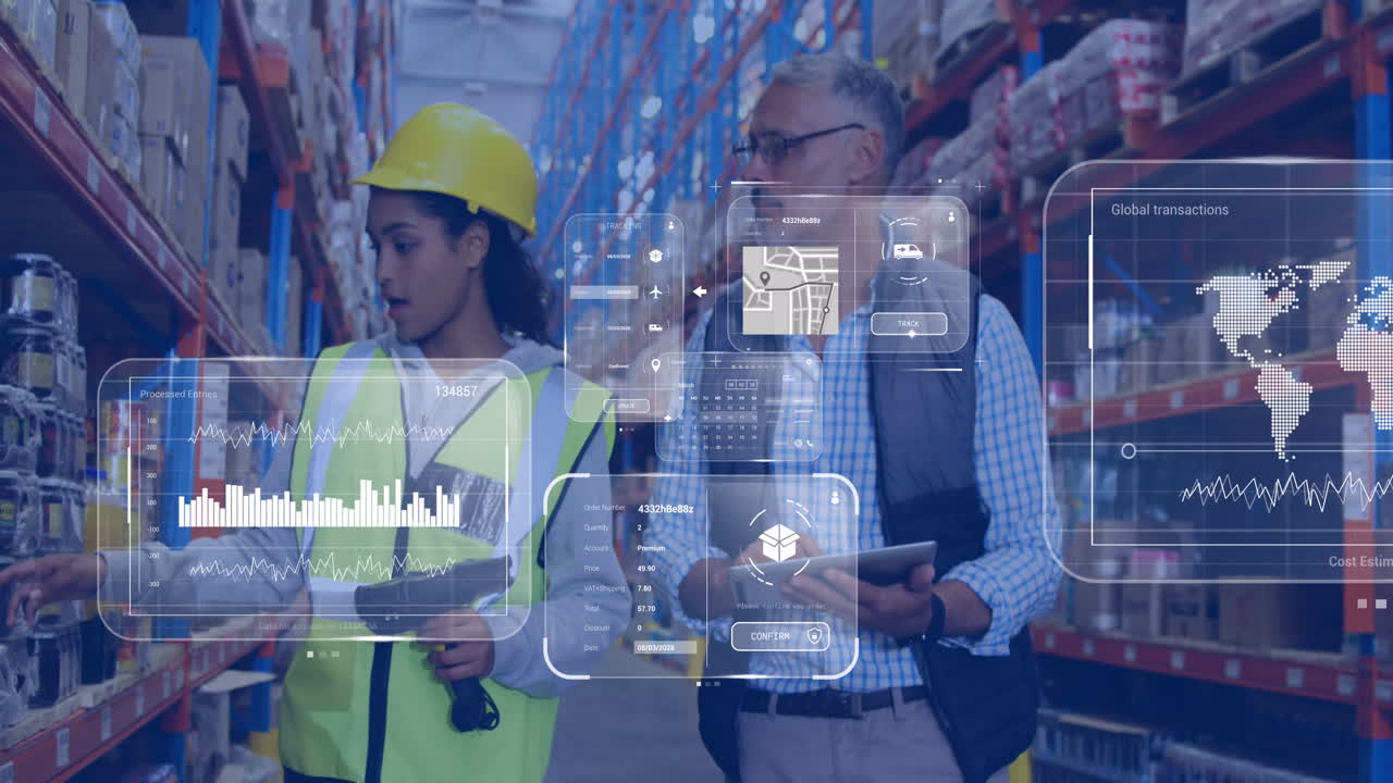 animación del procesamiento de datos en pantallas sobre diversas personas que trabajan en el almacén