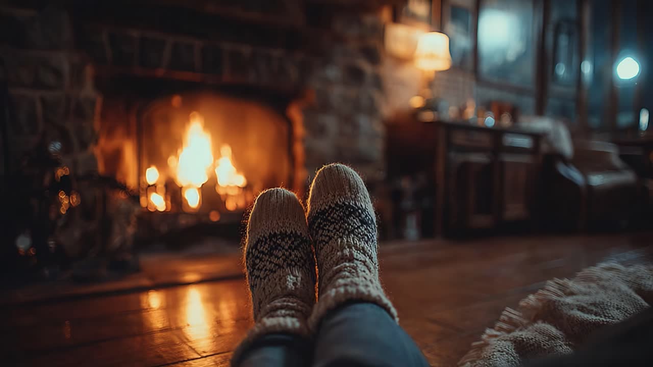 Cozy Winter Evening: Warm Feet by the Fireplace with a Crackling Fire Emitting Soft Light and Creating a Comfortable Atmosphere for Relaxation