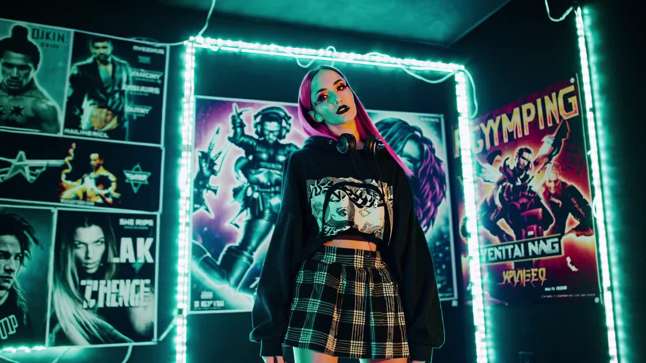 mujer elegante con cabello rosa en una habitación oscura