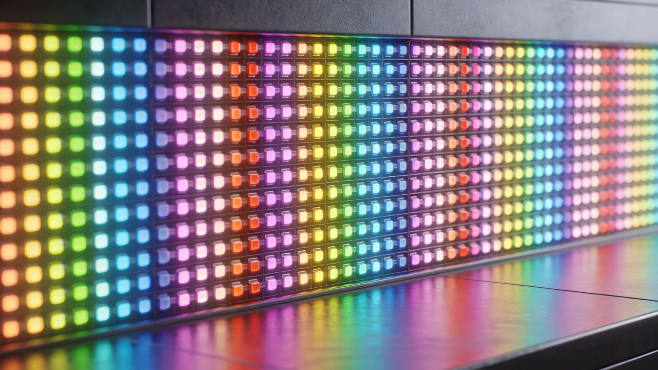 Lunga striscia LED che riceve un segnale e alterna fasce di colore su una mensola bassa, creando riflessi.