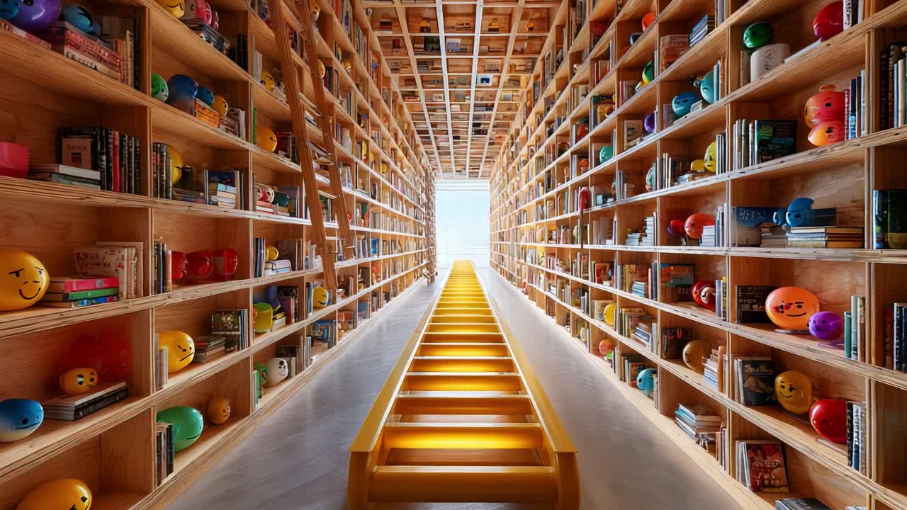 A Vibrant Library Corridor Featuring Colorful Shelves and Playful Characters Leading Towards a Bright Exit - A Whimsical Journey Through Imagination and Knowledge