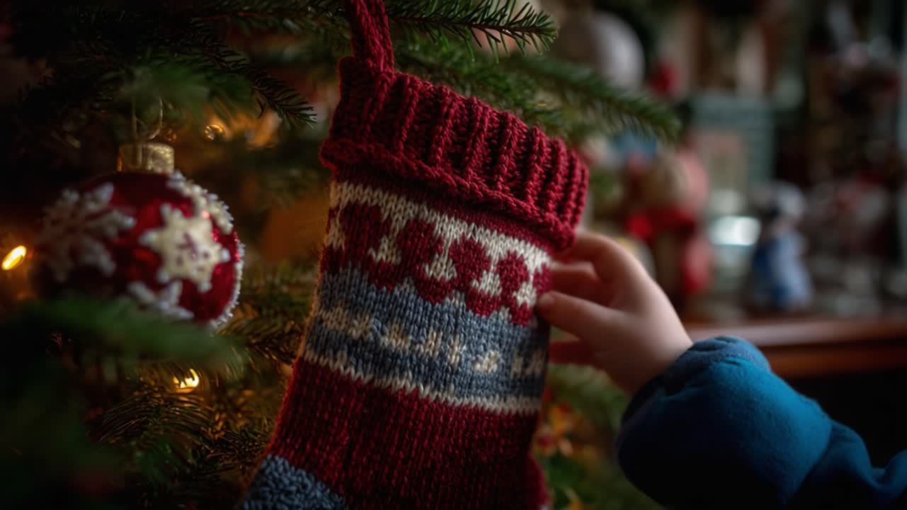 A Cozy and Heartwarming Holiday Scene Featuring a Child Reaching for a Knitted Christmas Stocking Hanging on a Decorated Tree with Twinkling Lights and Holiday Ornaments