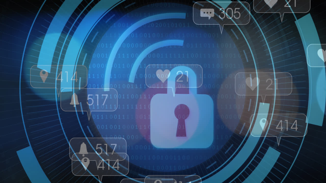 animación del icono del candado y procesamiento de datos a través de iconos de medios