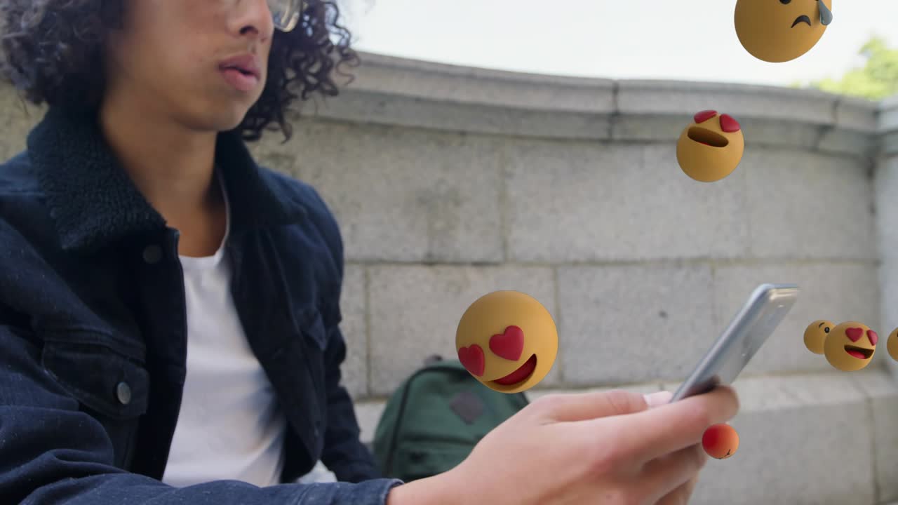 Man browsing smartphone on plaza tapping and generating emoji swirl stopping to gaze in tech demo
