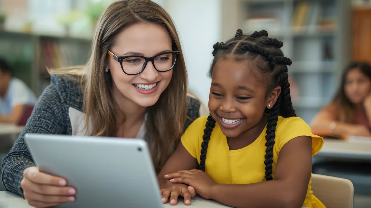Positioning tablet teacher guiding girl tapping icons, giggling while learning at student desk