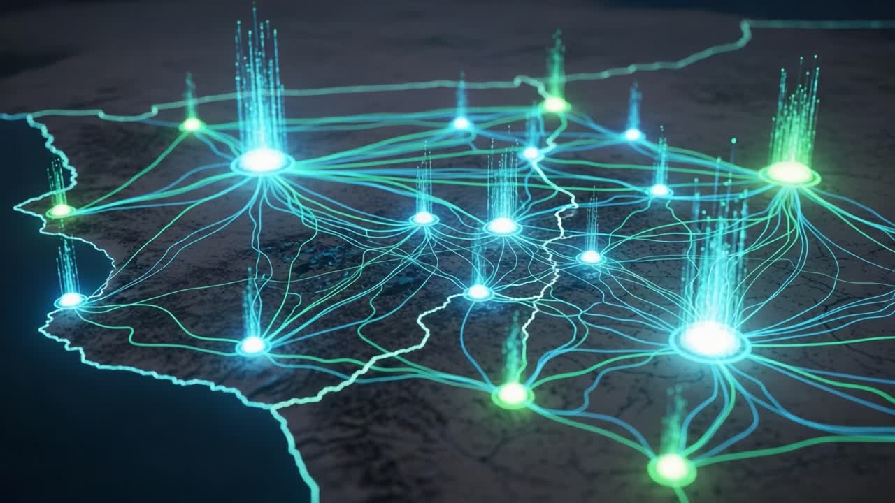 Visual Representation of Network Connections Highlighting Data Flow and Interaction Points in a Digital Landscape