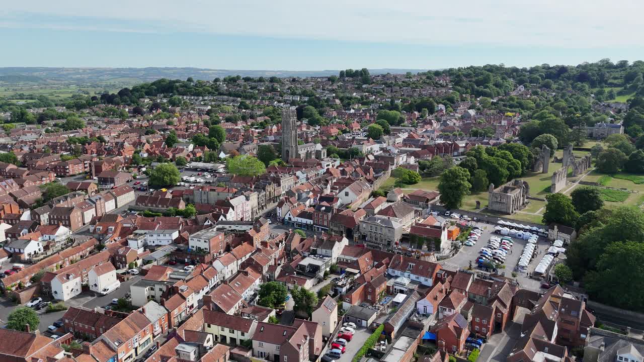 Glastonbury town centre Somerset UK drone,aerial