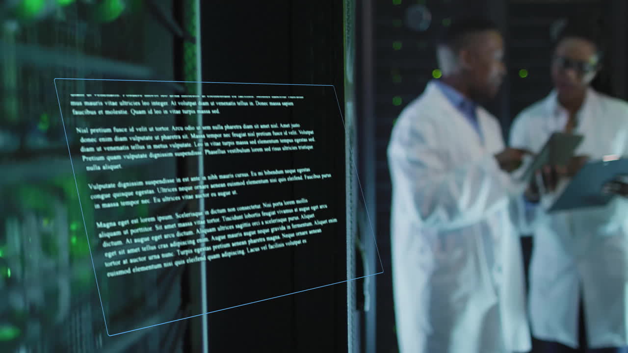 Animation of data processing over diverse scientists wearing lab coats using tablet