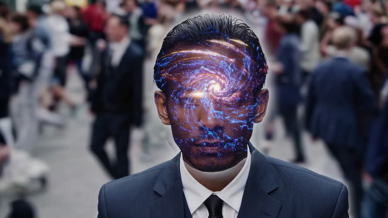Individual in a suit with a cosmic swirl effect on the face, surrounded by a bustling crowd, illustrating a surreal blend of reality and imagination in a dynamic urban scene