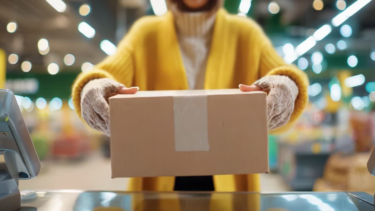 A person in a vibrant yellow cardigan carefully handles a package at a checkout counter, showcasing the importance of delivery and customer service in retail environments