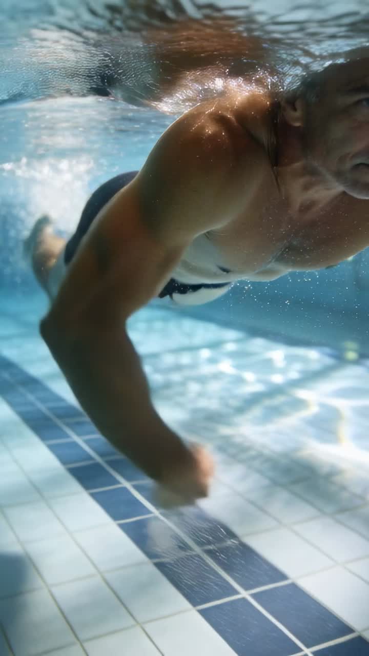 Hombre nadando bajo el agua en una piscina azul clara